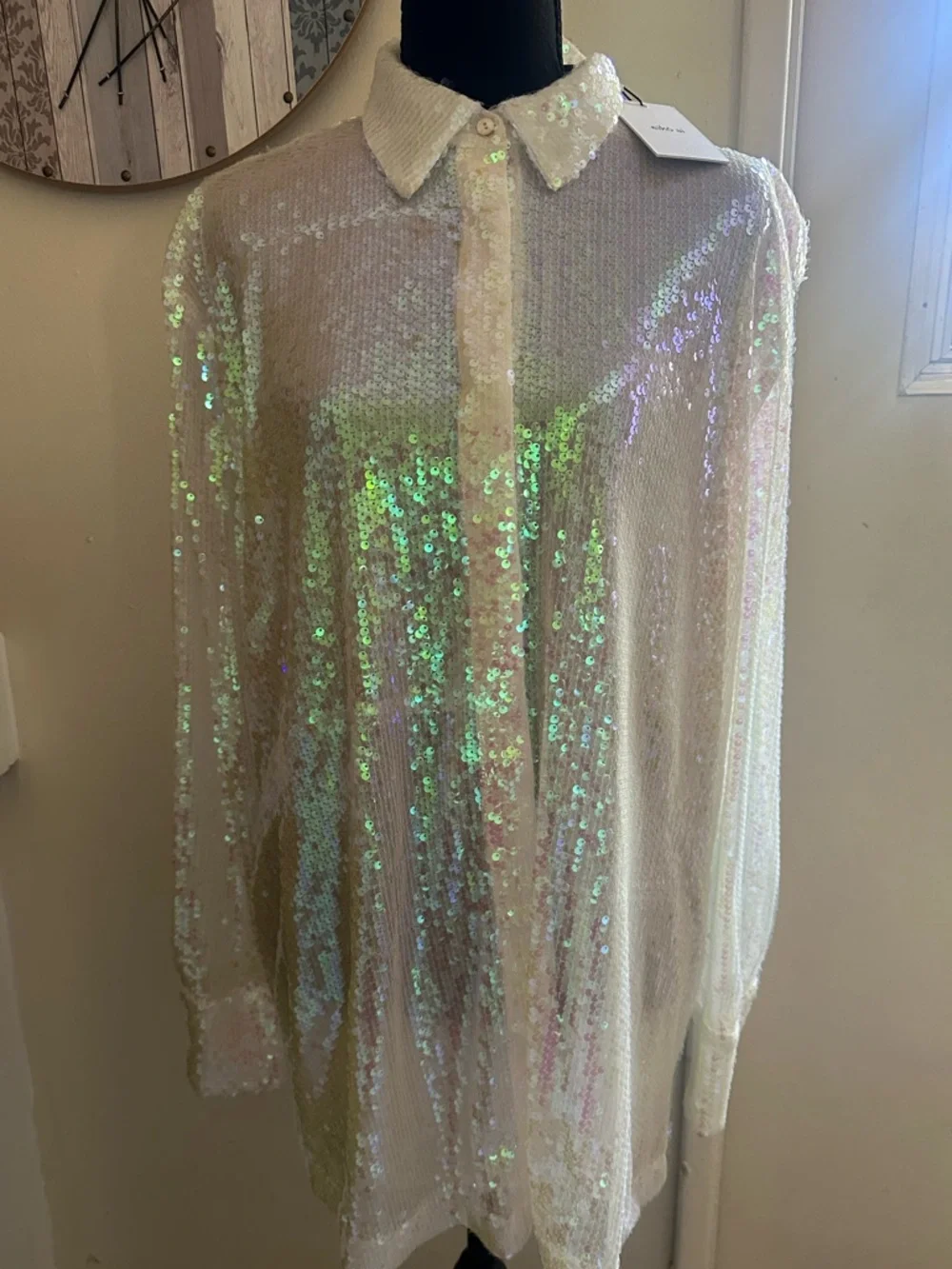 Iridescent Sequin Button-Down Shirt with Collar - Picture 1 of 5
